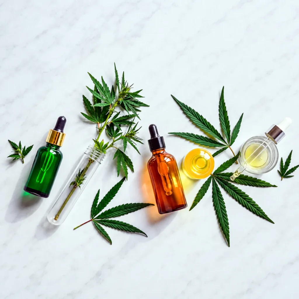 Aceites de CBD, CBG y CBN junto a hojas de cáñamo
