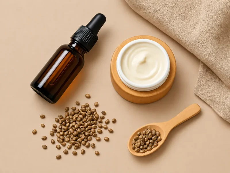 Aceite de semillas de cáñamo junto a un producto cosmético